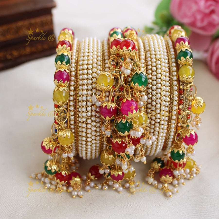 Stunning Pearl bridal bangle set with multi colour beads drop - Sparkle and Glow - 2.2 - 