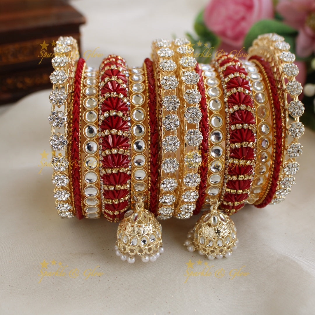 Gorgeous Floral design stone bridal bangle set with jhumuka drops