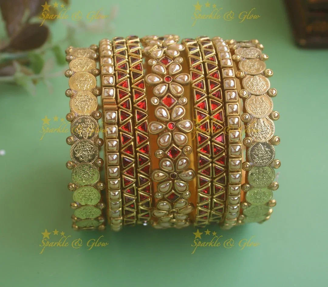 Elegant Coin Floral Silk Thread Bridal Bangles- Red-Gold - Sparkle and Glow