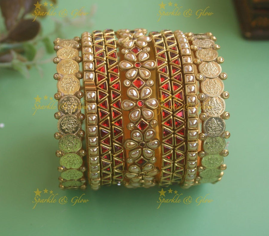 Elegant Coin Floral Silk Thread Bridal Bangles - Red - Gold - Sparkle and Glow - 1.10 - 