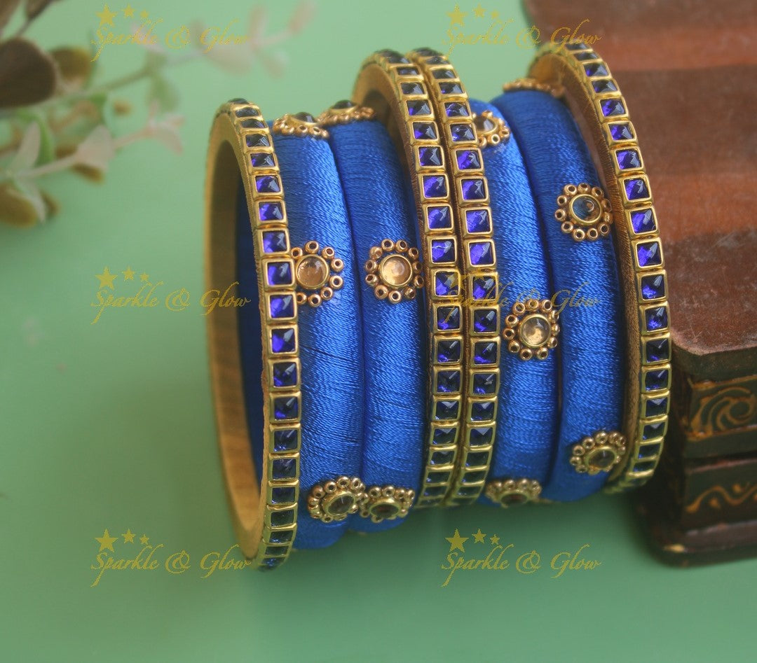 Stunning Floral Square design Silk Thread Bridal Bangles- Blue