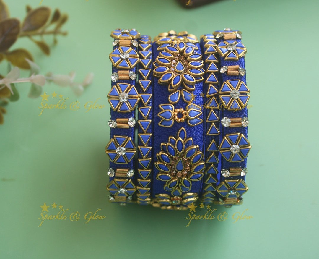 Elegant Lotus Floral Triangle design Silk thread Bridal Bangles- Blue