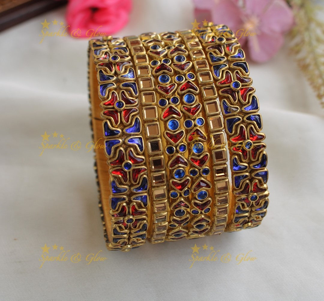 Elegant Heart Floral design Silk Thread Bridal Bangles- Blue red gold