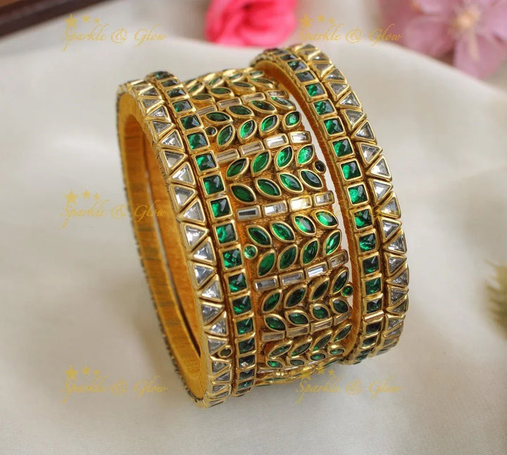 Elegant Square Leaf design Silk Thread Bangles- Green-White - Sparkle and Glow