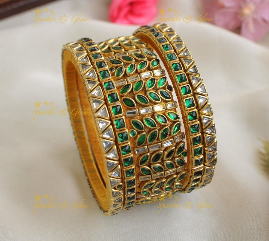 Elegant Square Leaf design Silk Thread Bangles - Green - White - Sparkle and Glow - 1.10 - 