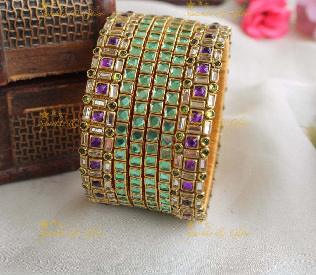Stunning Square design Silk thread Brildal Bangles- Mint green purple