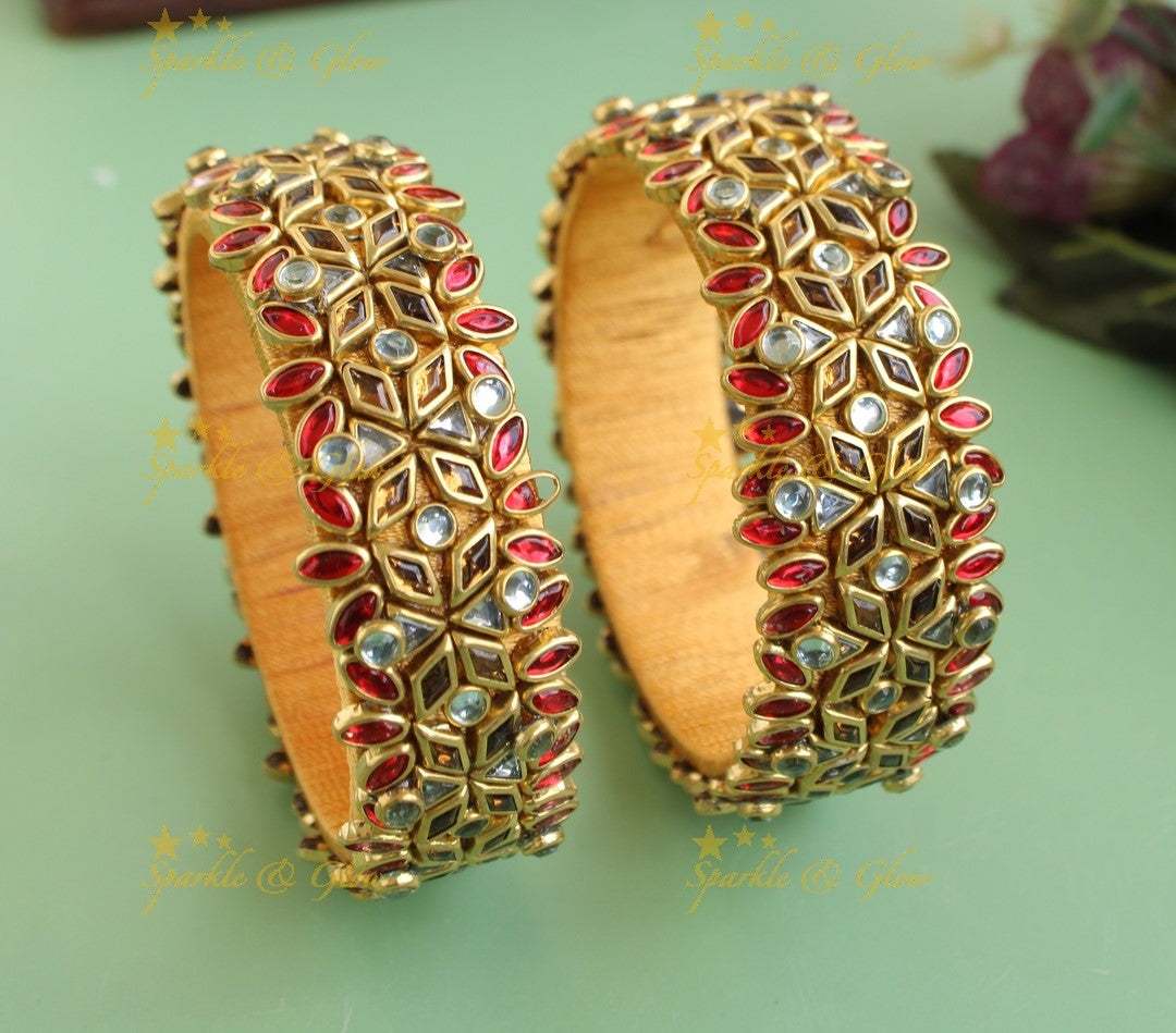 Beautiful Leaf Floral Silk thread Bangles- Red white