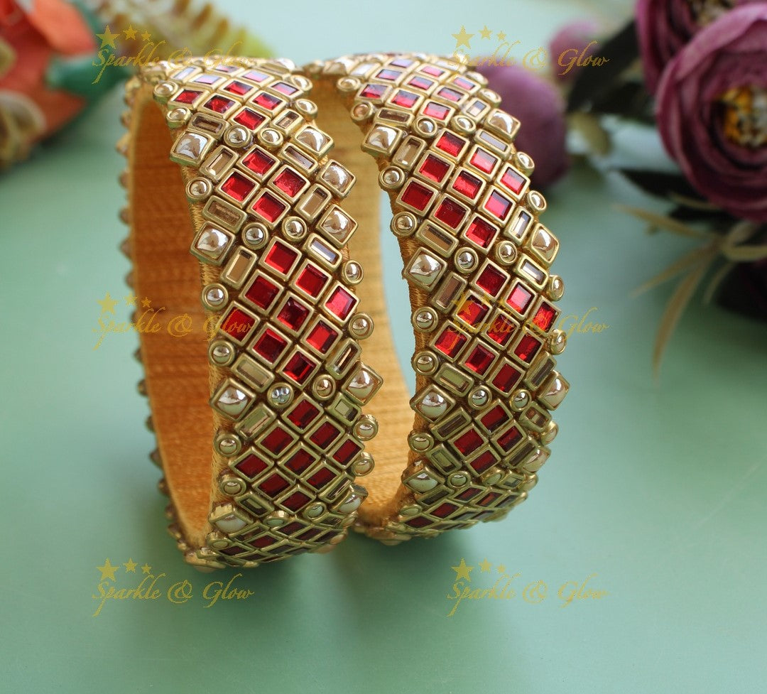 Stunning Diamond Shape Silk thread Bangles- Red gold