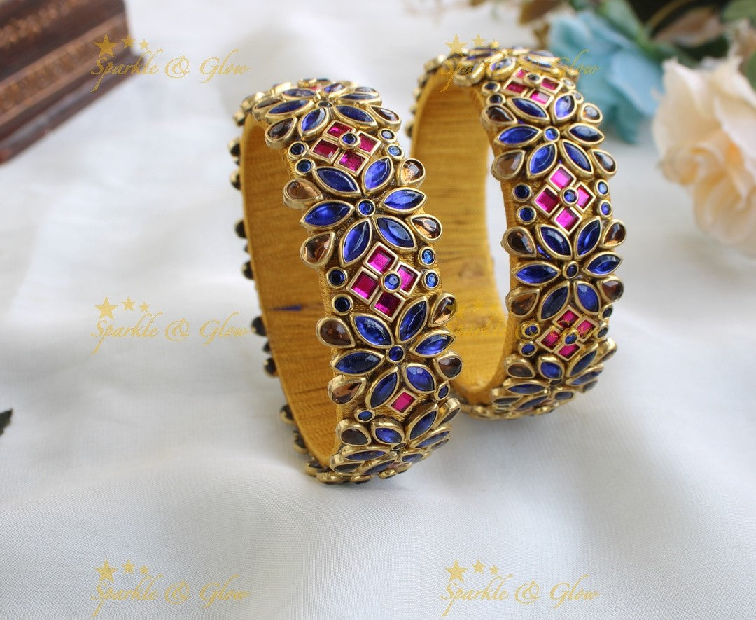 Elegant Floral Diamond design Silk thread Bangles- Blue pink