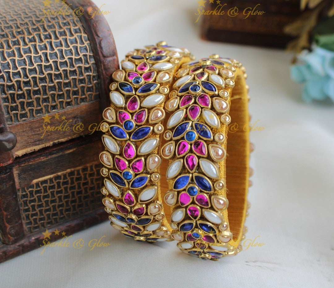Intricately carved Floral Silk thread Bangles- Blue pink pearl