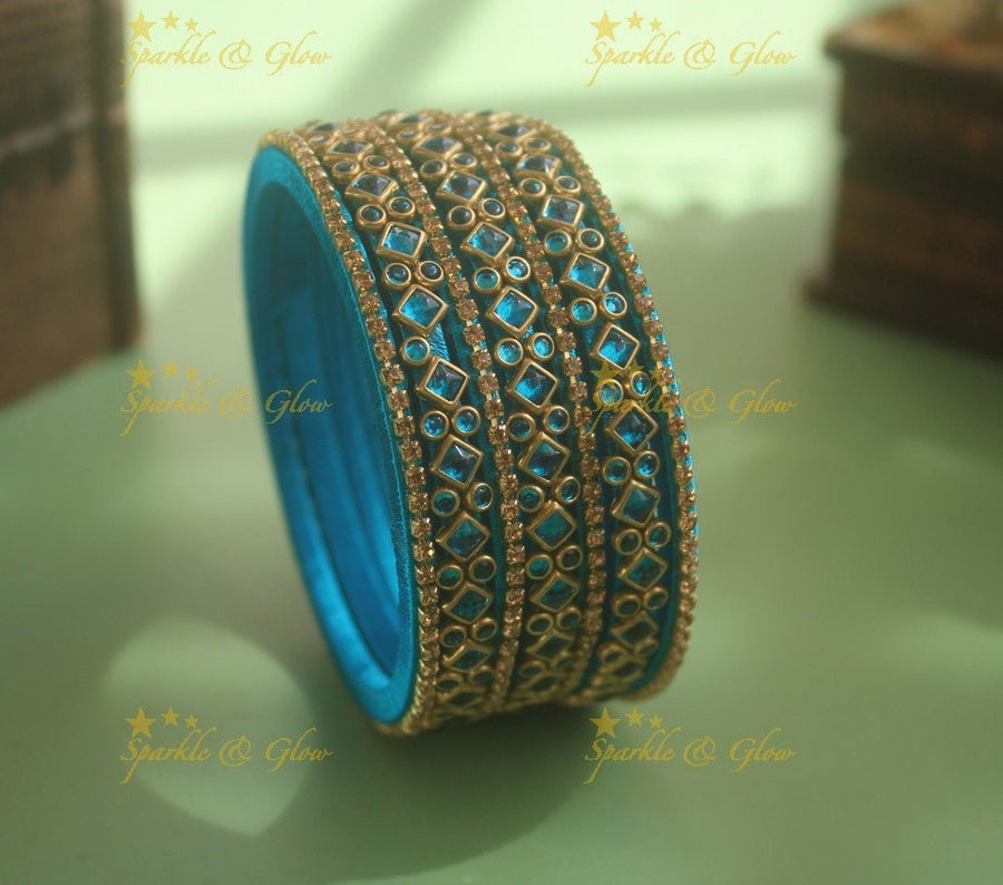 Stunning Diamond Bubble dotted Silk thread Bangles - Skyblue - Sparkle and Glow - 1.10 - 
