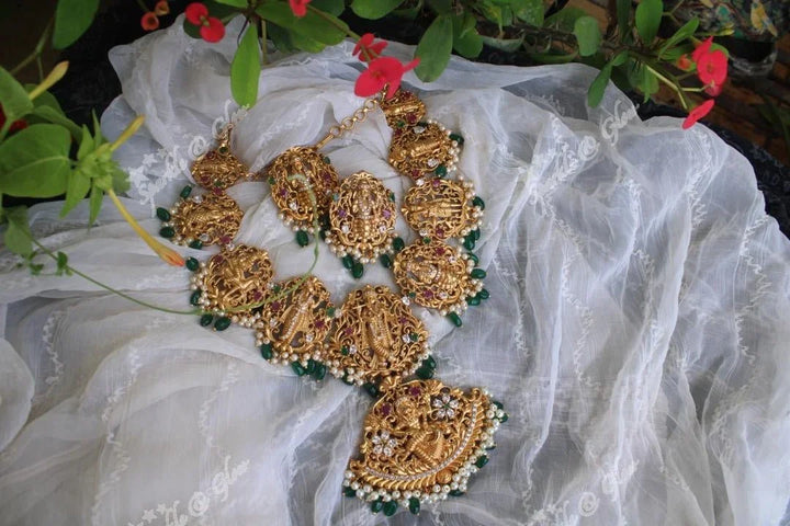 Gold alike polished Dashavathara neckalce set with green beads - Sparkle and Glow