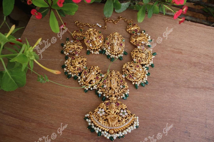 Gold alike polished Dashavathara neckalce set with green beads - Sparkle and Glow