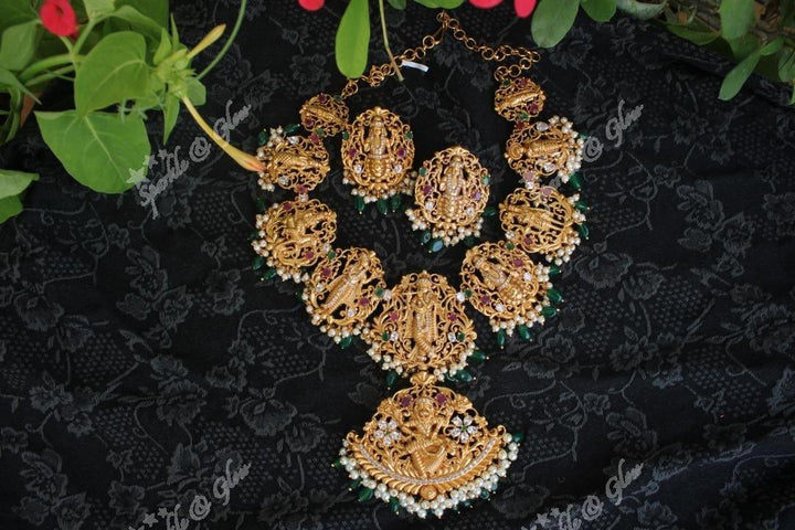 Gold alike polished Dashavathara neckalce set with green beads - Sparkle and Glow