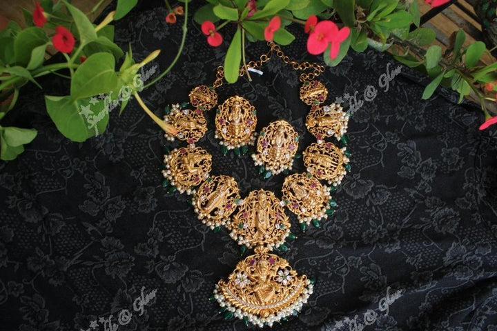 Gold alike polished Dashavathara neckalce set with green beads - Sparkle and Glow