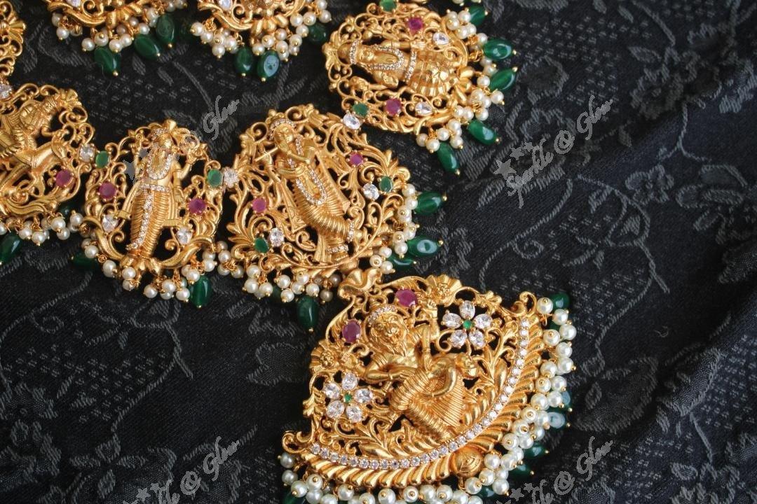 Gold alike polished Dashavathara neckalce set with green beads - Sparkle and Glow