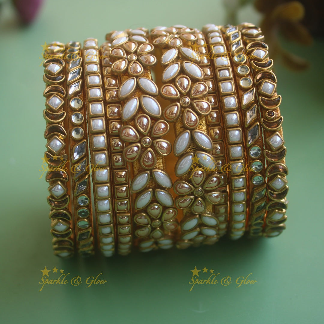 Beautiful Half moon dimaond floral design Silk thread Bangles- Gold pearl