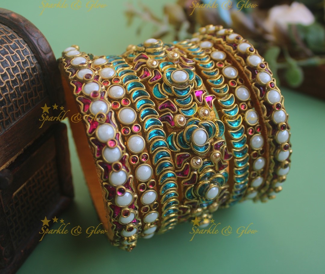 Elegant Half moon Floral bubble dotted Silk thread Bridal bangles- Multi