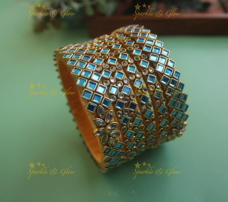 Elegant Diamond floral Silk thread Bangles - Skyblue white - Sparkle and Glow - 1.10 - 