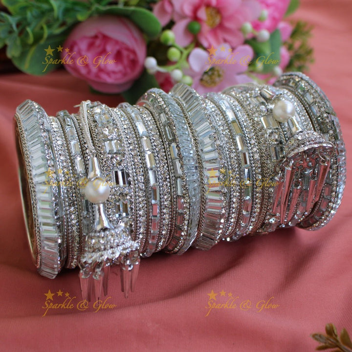 Statement metal bridal bangle set with stones and jhumuka drop - Sparkle and Glow - 2.2 - 