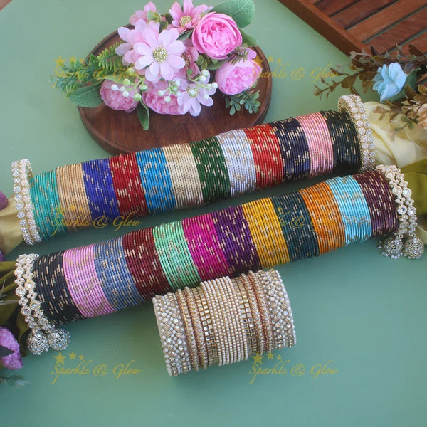 Exclusive Printed Metal Bangle Combo Box in Assorted colours with pearl bangles - Sparkle and Glow