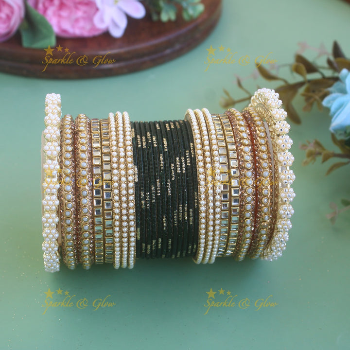 Exclusive Printed Metal Bangle Combo Box in Assorted colours with pearl bangles