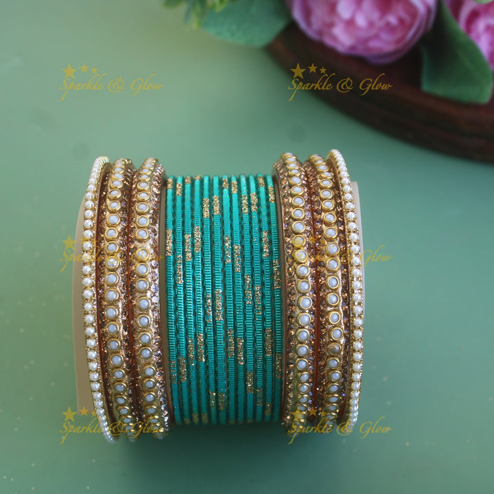 Exclusive Printed Metal Bangle Combo Box in Assorted colours with pearl bangles
