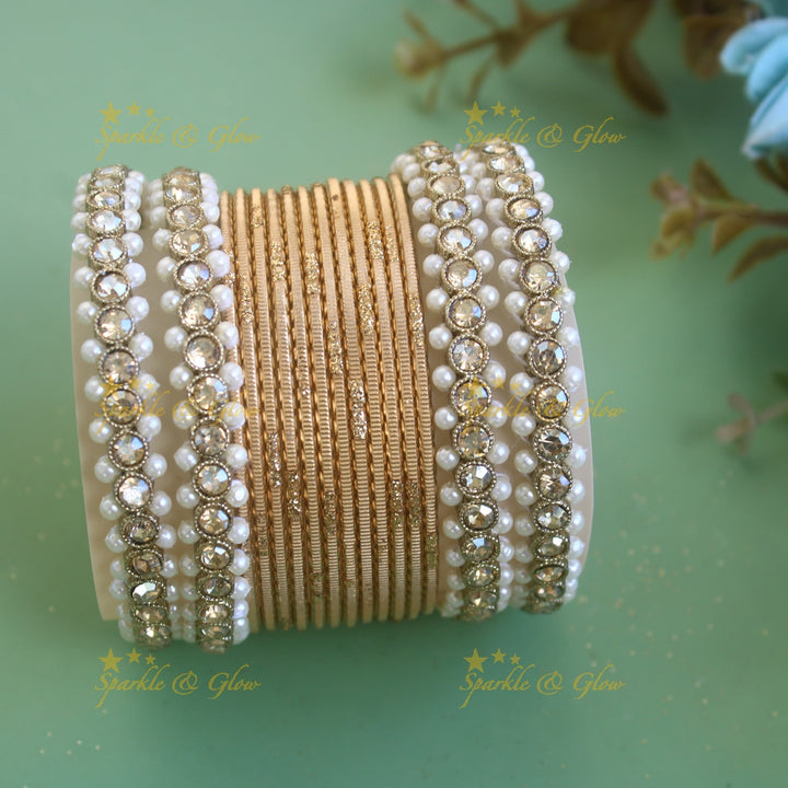 Exclusive Printed Metal Bangle Combo Box in Assorted colours with pearl bangles