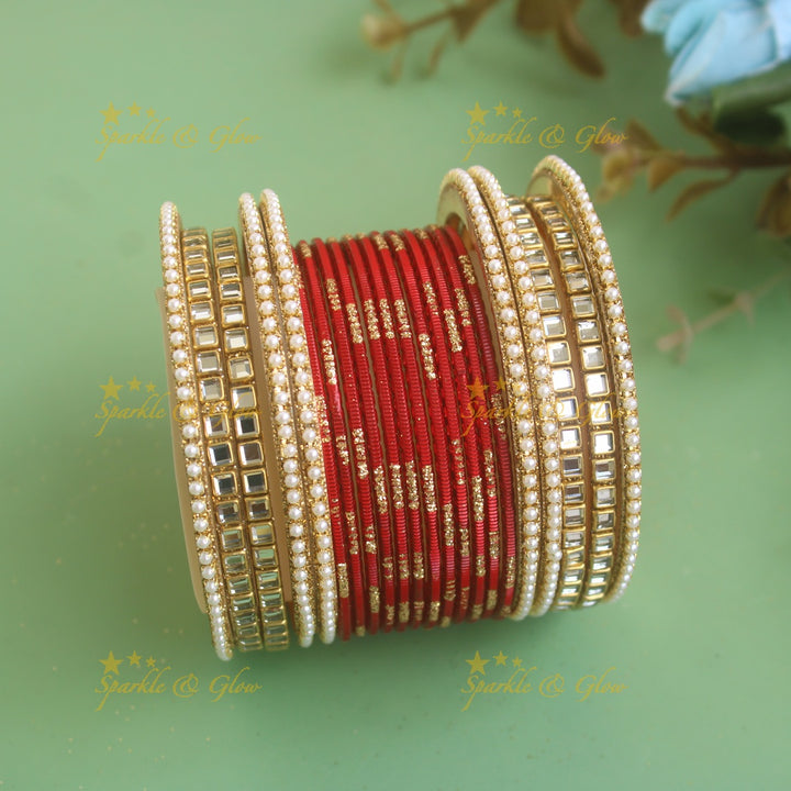 Exclusive Printed Metal Bangle Combo Box in Assorted colours with pearl bangles