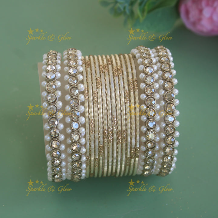 Exclusive Printed Metal Bangle Combo Box in Assorted colours with pearl bangles