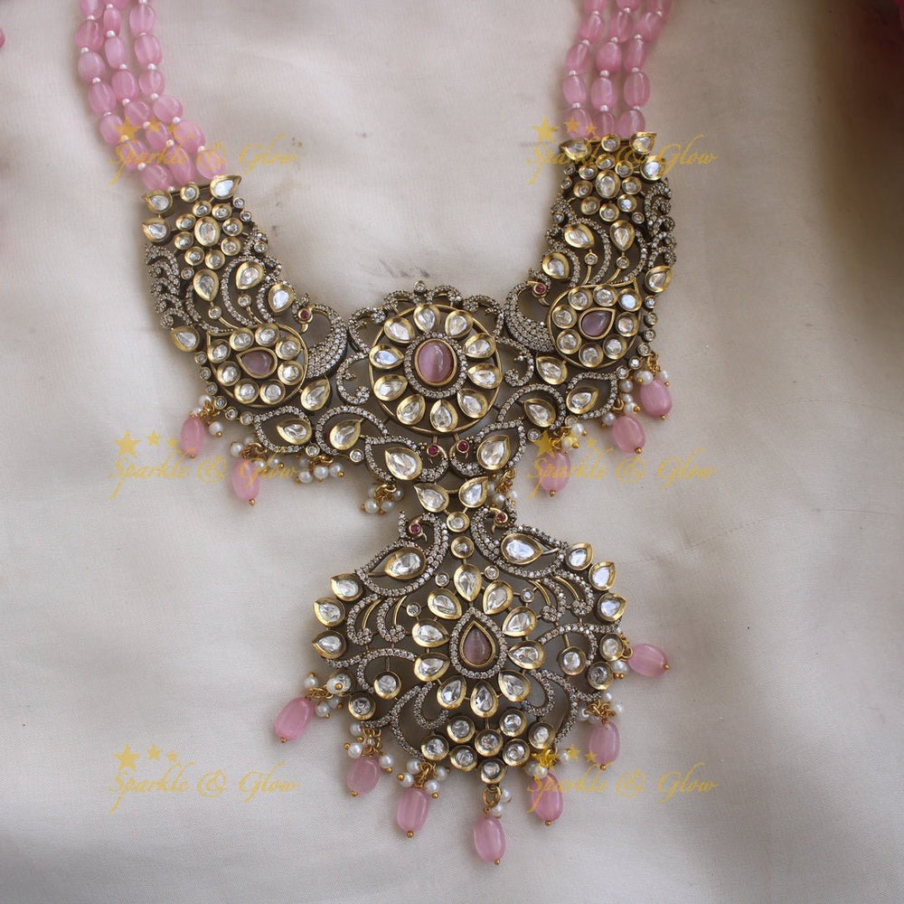 Exquisite victorian AD stones peacock pendent beads chain - Light pink - Sparkle and Glow - Light pink - Back Thread