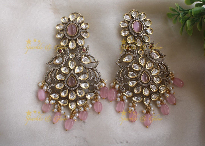 Exquisite victorian AD stones peacock pendent beads chain - Light pink - Sparkle and Glow - Green - Back Thread
