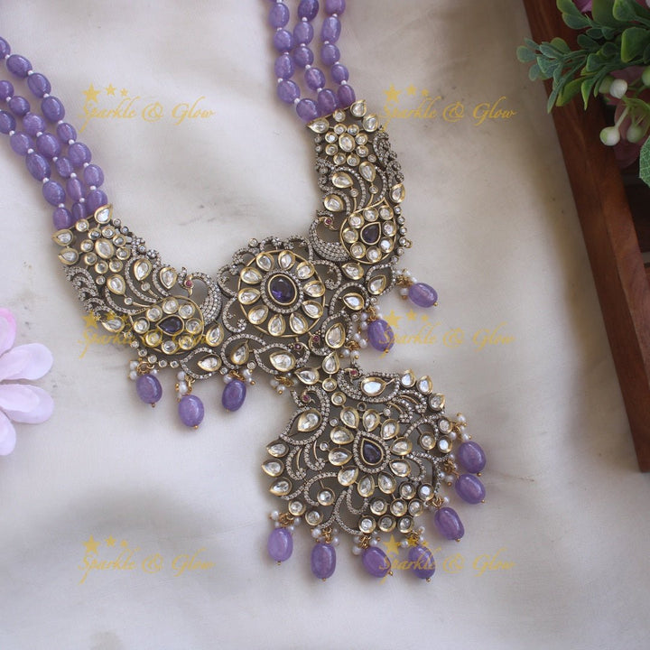 Exquisite victorian AD stones peacock pendent beads chain - Light pink - Sparkle and Glow - Green - Back Thread