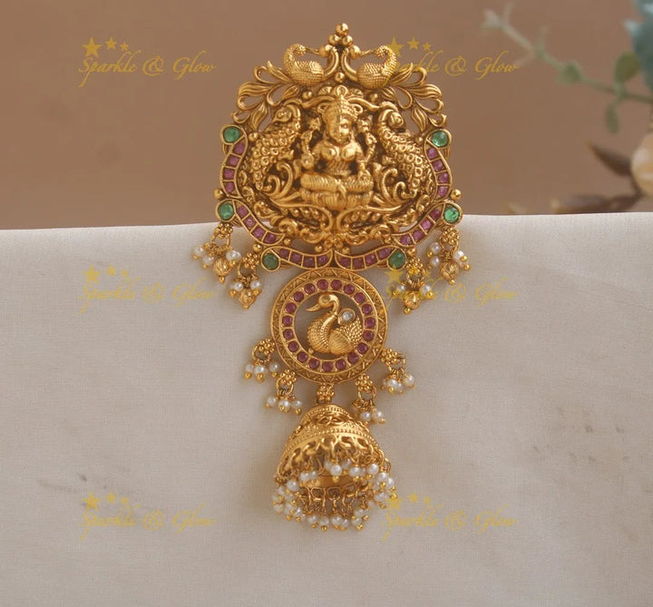 Idol Lakshmi peacock carved kemp hairpin with jhumuka hangings-Multi - Sparkle and Glow