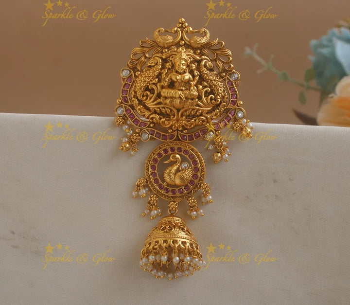 Idol Lakshmi peacock carved kemp hairpin with jhumuka hangings-Multi - Sparkle and Glow