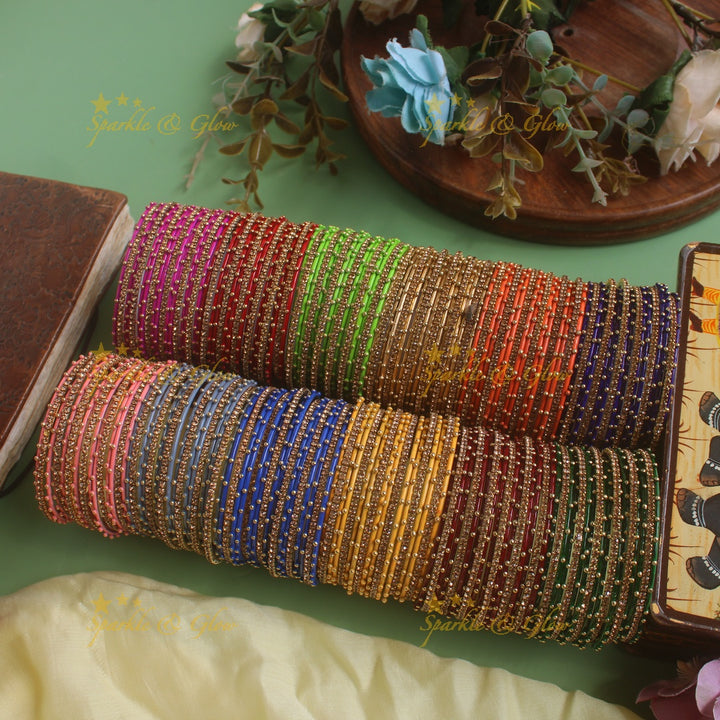 Beautiful Bubble design Metal Bangle Combo Box in Assorted colours with gold stone bangles
