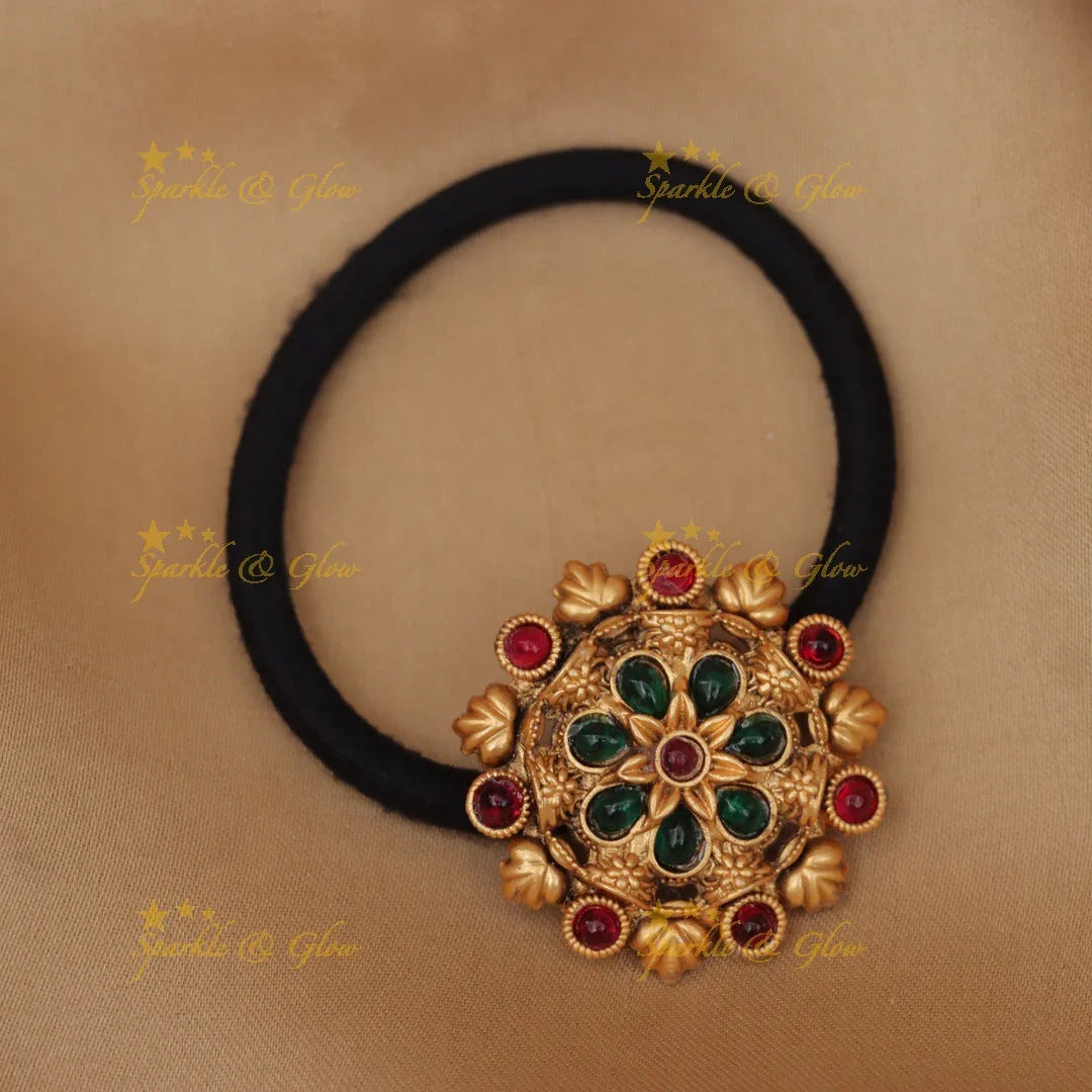 Floral Hair Band with Green & Red Stones