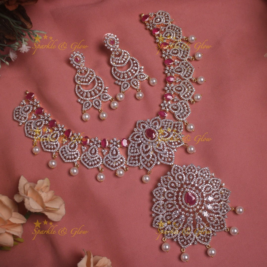 Sparkling Floral American diamond short necklace with pink stones and pearl drops - Sparkle and Glow - Pink - Back Thread