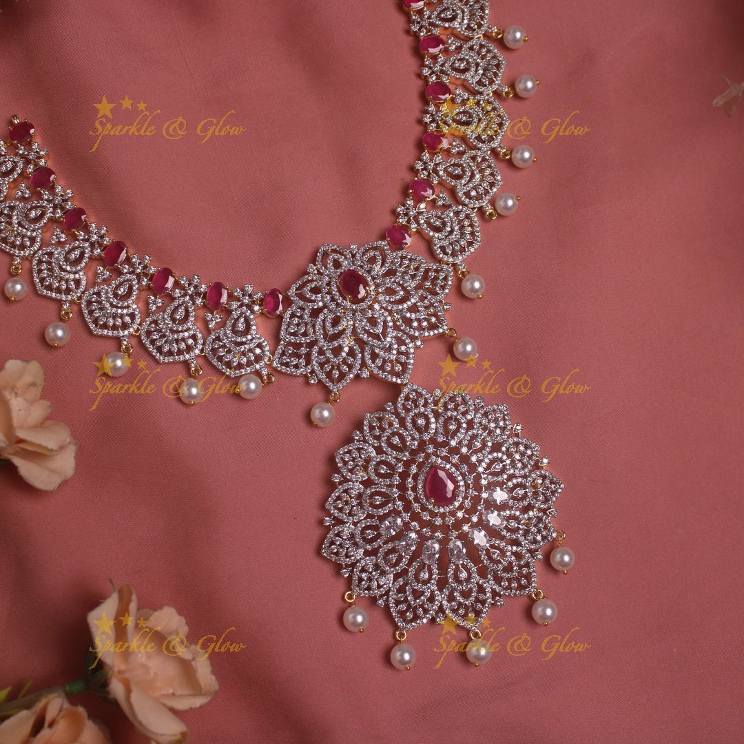 Sparkling Floral American diamond short necklace with pink stones and pearl drops - Sparkle and Glow - Green - Back Thread