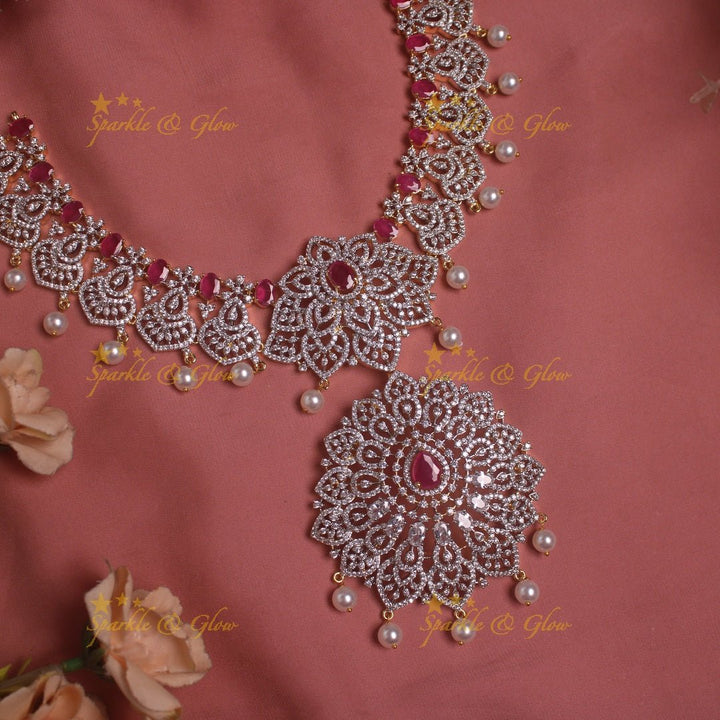 Sparkling Floral American diamond short necklace with pink stones and pearl drops - Sparkle and Glow - Green - Back Thread