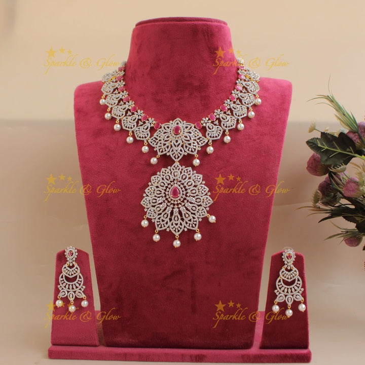 Sparkling Floral American diamond short necklace with pink stones and pearl drops - Sparkle and Glow - Pink - Back Thread