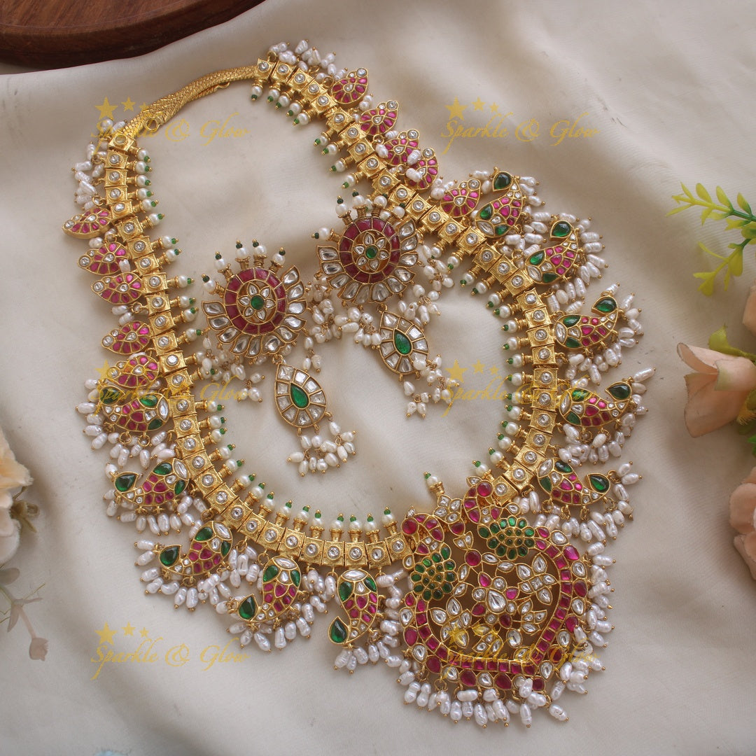 Statement Peacock and Mango design jadau bridal haram with rice pearls