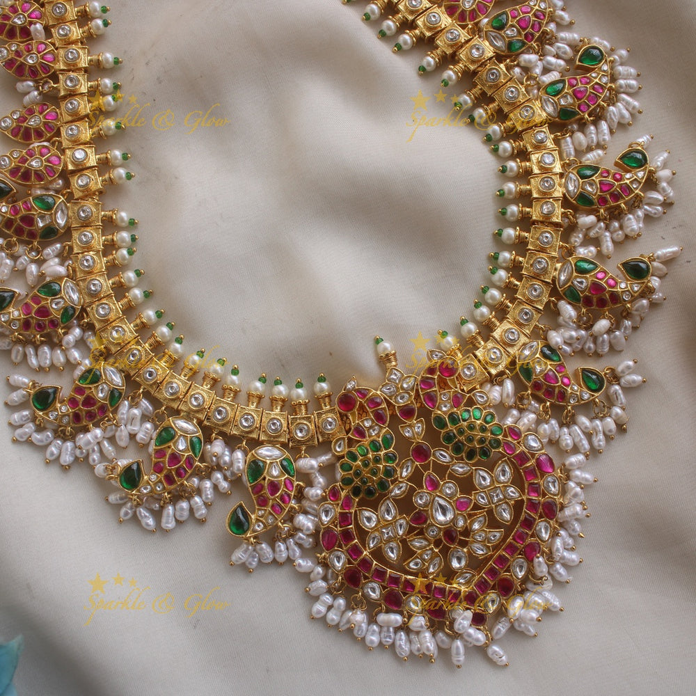 Statement Peacock and Mango design jadau bridal haram with rice pearls - Sparkle and Glow