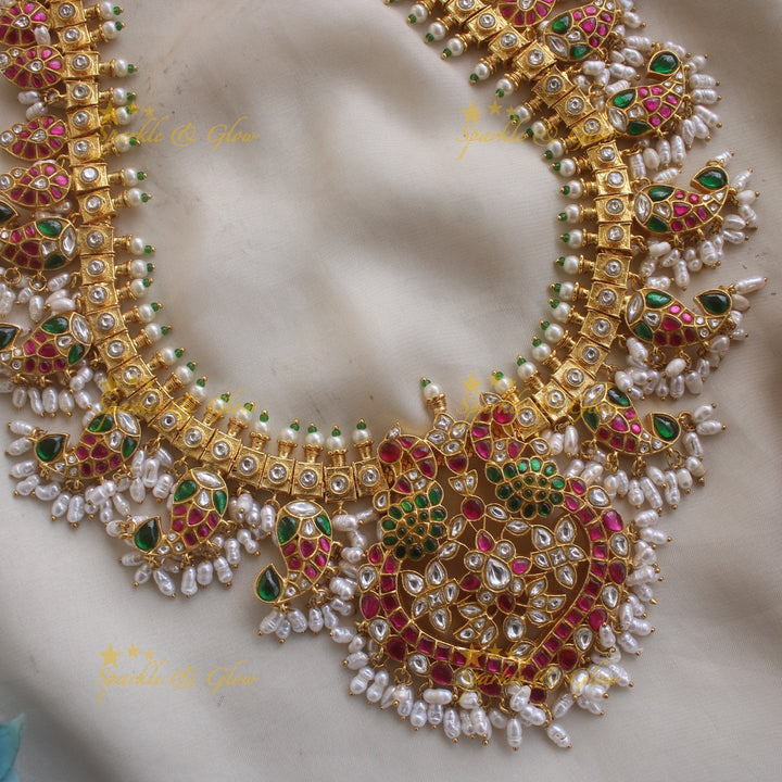 Statement Peacock and Mango design jadau bridal haram with rice pearls