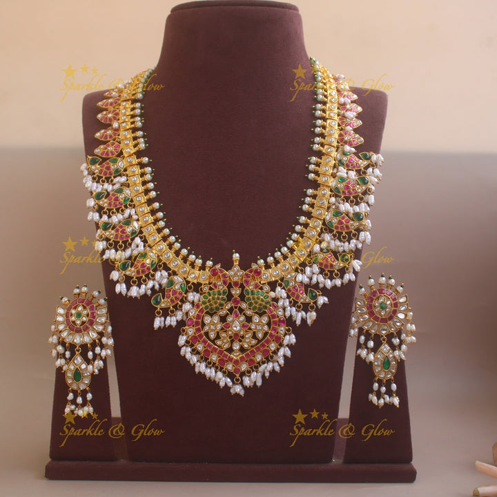 Statement Peacock and Mango design jadau bridal haram with rice pearls