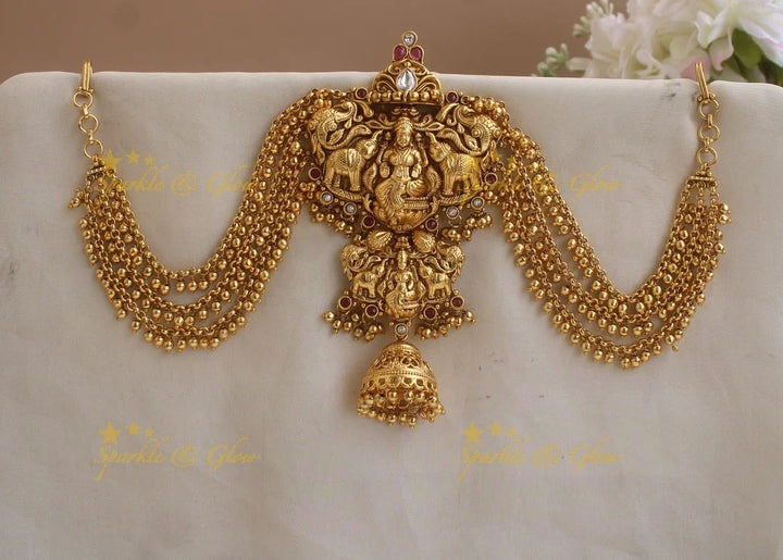 Exclusive Lakshmi elephant carved antique Jada billa with maatil with gold beads - Sparkle and Glow
