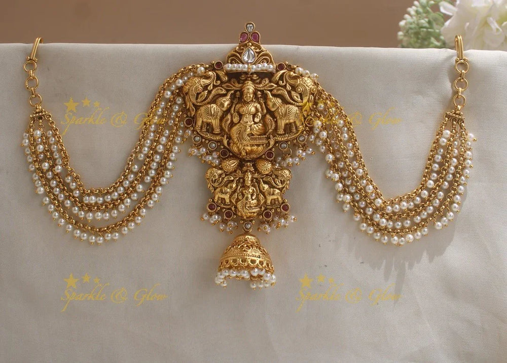 Exclusive Lakshmi elephant carved antique Jada billa with maatil with pearls - Sparkle and Glow