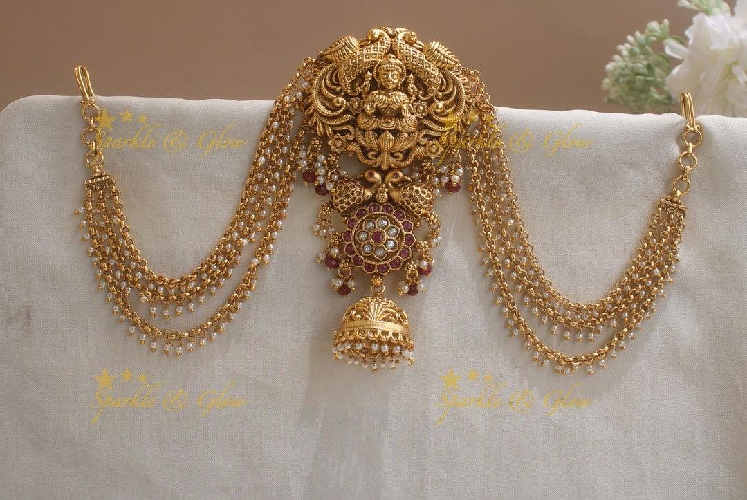 Exclusive Lakshmi peacock carved Jada billa with maatil with stones and jhumuka drop - Sparkle and Glow