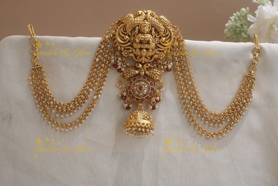 Exclusive Lakshmi peacock carved Jada billa with maatil with stones and jhumuka drop - Sparkle and Glow