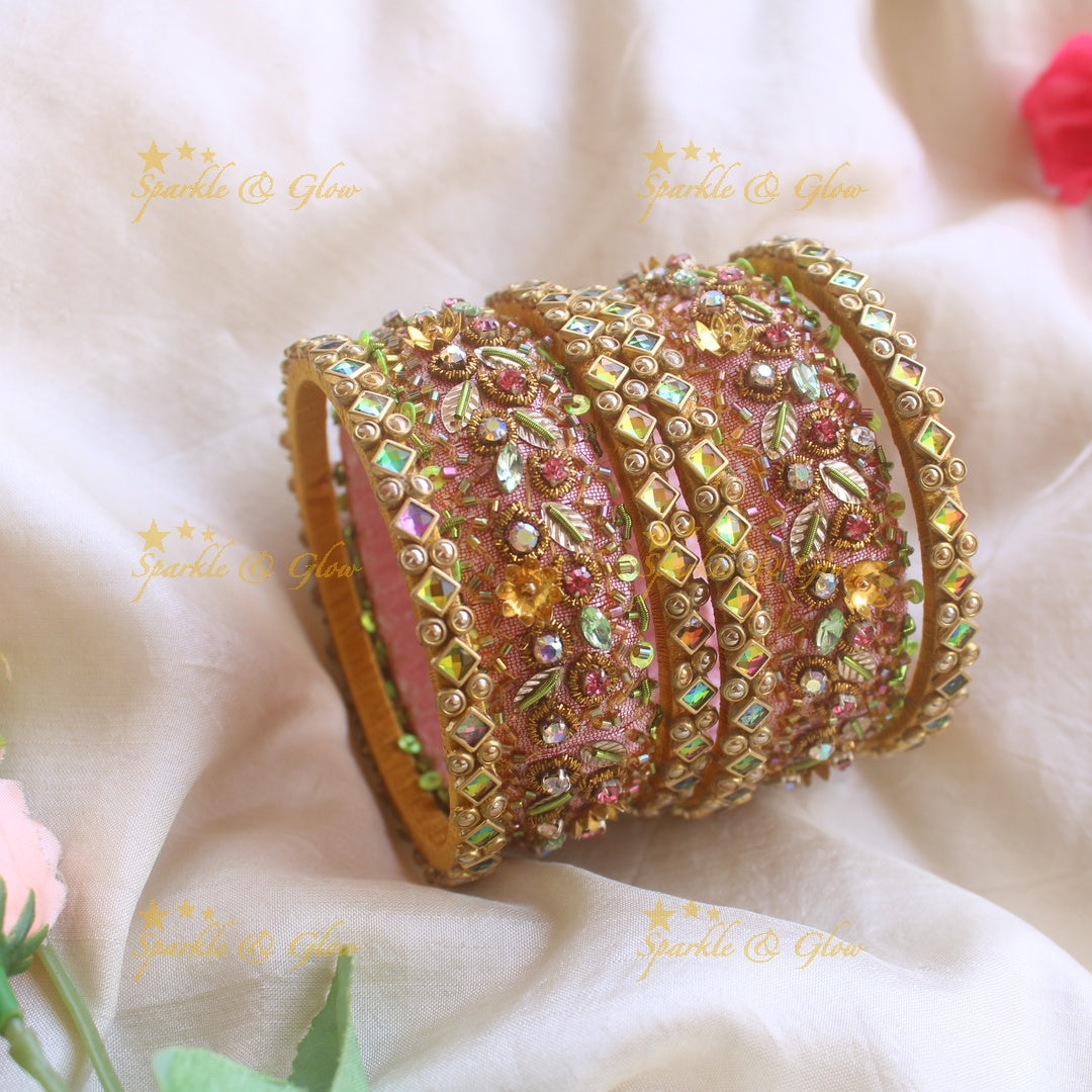 Statement Floral Leaf, Diamond and bubble design Silk Thread Bridal Bangles
